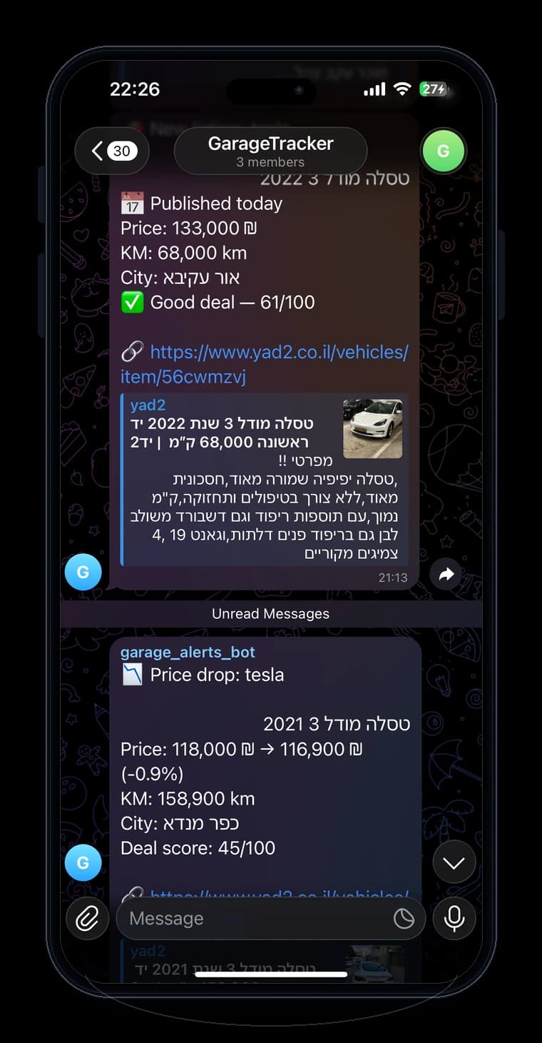 Garage Telegram alerts shown inside an iPhone 17-style mockup
